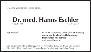 Traueranzeige von Hanns Eschler von Pegnitz-Zeitung